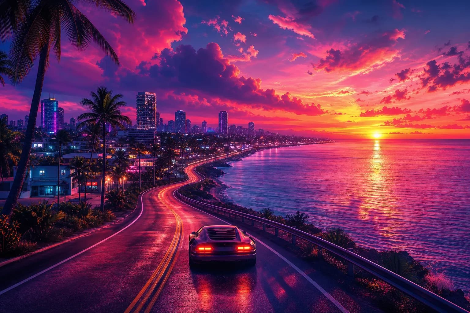 A coastal highway winding toward the horizon at neon sunset, evoking the long road through GTA 6's story.