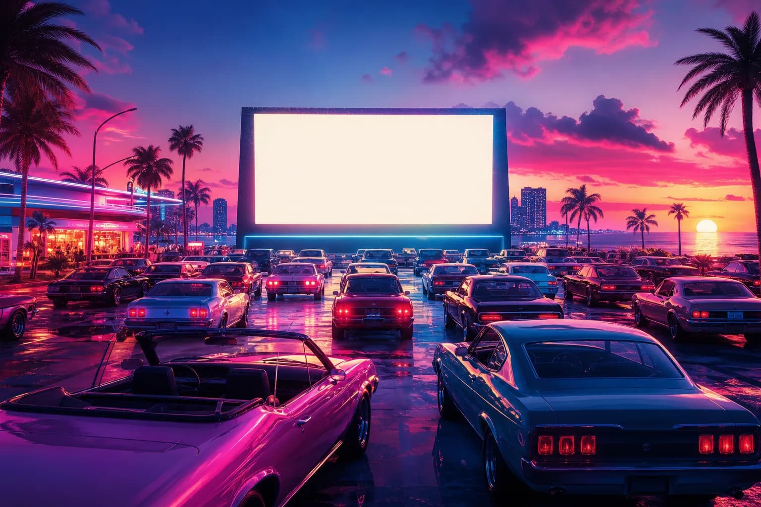 A glowing blank drive-in cinema screen over rows of classic cars at dusk, capturing the wait for GTA 6 Trailer 3.